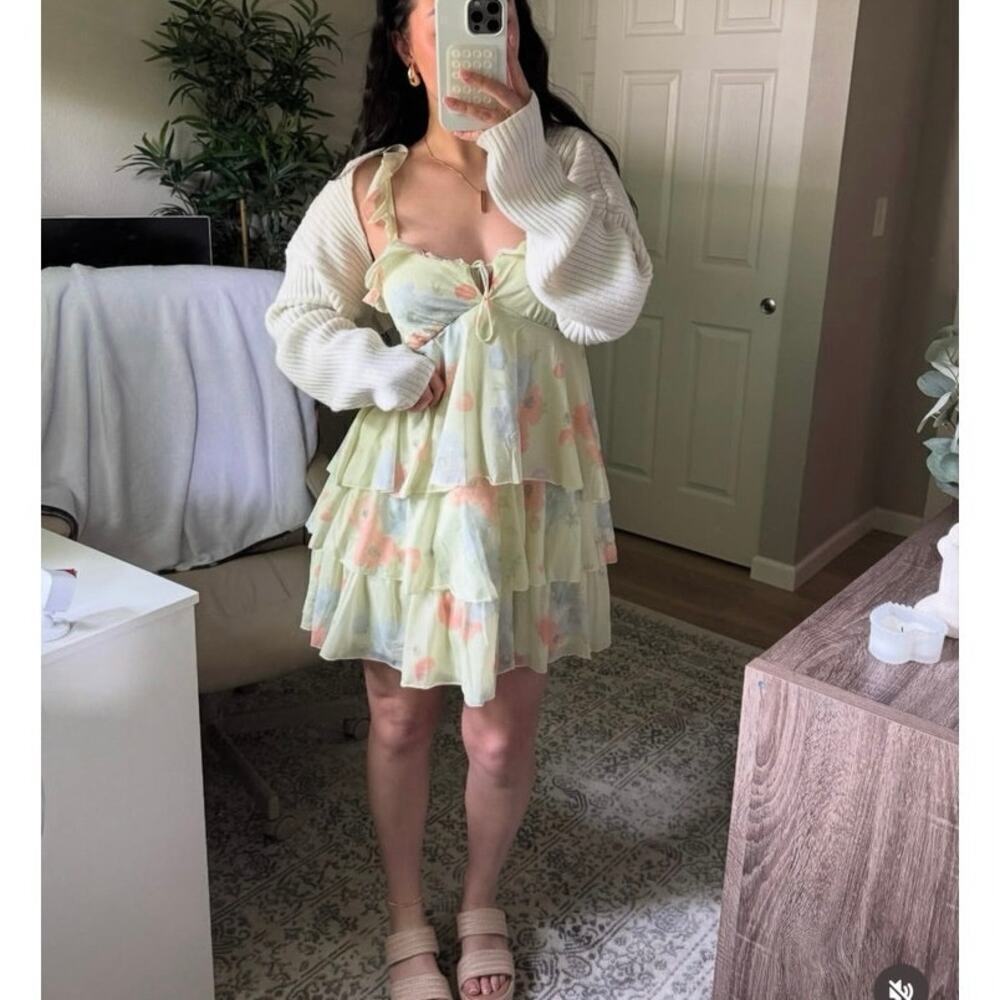 NWT floral green mini ruffle dress sz s